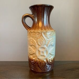 Bay Keramik Vase Pitcher Vintage Brown Beige Flower Handle Stamp W. Germany 6920